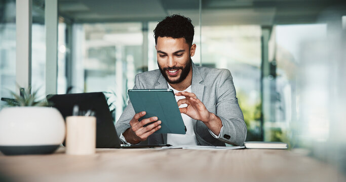 Research, smile and man with tablet, office and investigative journalism for newsroom and online. Business, digital and person with info for story, reporter and professional for project and desk - Powered by Adobe