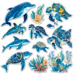 Fototapeta premium Ocean Wonders: A vibrant collection of dolphins and sea turtles, meticulously illustrated in shades of blue, against a backdrop of coral reefs. Perfect for marine-themed projects and designs. 