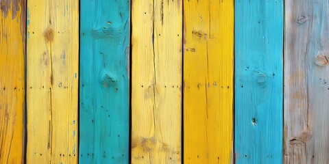 Fototapeta premium Vibrant old painted wooden background featuring colorful wooden textures. This cropped shot of a wooden fence showcases wall texture grunge, ideal for text placement with yellow and blue painted