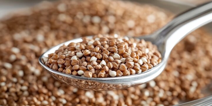 Brown buckwheat displayed in close up on a tablespoon within a glass, showcasing the unique texture and color of brown buckwheat, ideal for culinary and health related visuals.