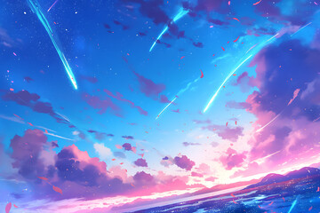 A vibrant sky filled with shooting stars and colorful clouds over a serene ocean landscape.