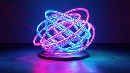 Neon Sphere:  A vibrant, abstract composition of interwoven glowing pink and blue neon circles, creating a mesmerizing spherical form on a dark background.