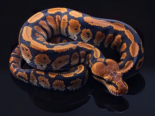 Obraz premium Elegant Female Ball Python on Reflective Black Glass: Perfect for reptile websites, pet blogs, or nature documentaries