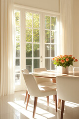 A bright and airy dining area features wooden table surrounded by elegant white chairs. vibrant bouquet of tulips adds cheerful touch, illuminated by natural light streaming through large windows