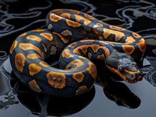 Obraz premium Female Ball Python on Black Glass: Captivating Scales and Reflections