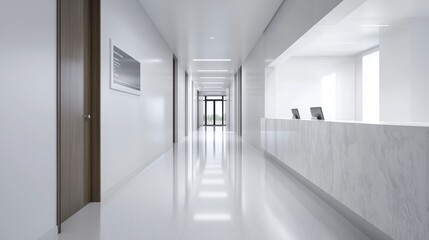 Fototapeta premium A modern, minimalist hallway features a sleek reception area, white walls, and polished floors, creating a clean and inviting atmosphere.