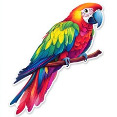 Obraz premium Vibrant Macaw on Branch: A vibrant illustration of a scarlet macaw perched on a branch, showcasing its striking plumage of red, yellow, green, and blue. 