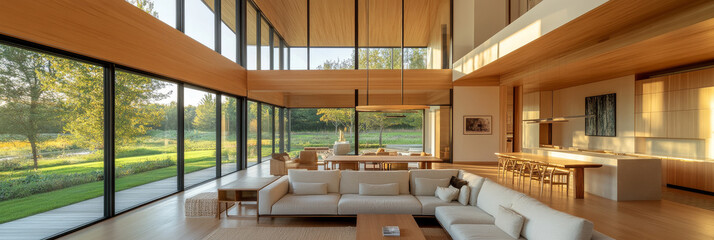 Fototapeta premium A spacious modern living room features large windows that invite natural light, showcasing serene view of greenery outside. wooden accents and minimalist design create warm, inviting atmosphere