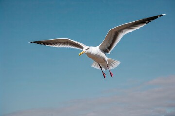 Obraz premium Graceful Seagull's Descent in Clear Sky with White Feathers