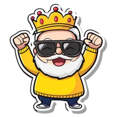 Naklejka premium King of Cool: A cheerful cartoon grandpa with a crown, shades, and a big grin, radiating confidence and joy. He is wearing a yellow sweater and jeans. 