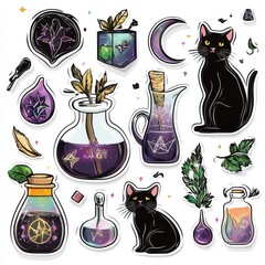 Mystic Cat and Potion Stickers: A collection of whimsical stickers featuring black cats, mystical potions, celestial elements, and herbs. Perfect for adding a touch of magic to your journals, laptops.