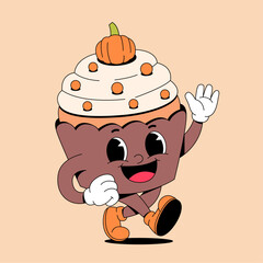 Walking pumpkin cupcake cartoon mascot