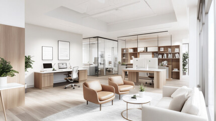 Fototapeta premium Modern office interior design featuring spacious layout with wooden furniture, stylish seating, and glass partition. bright atmosphere promotes productivity and comfort