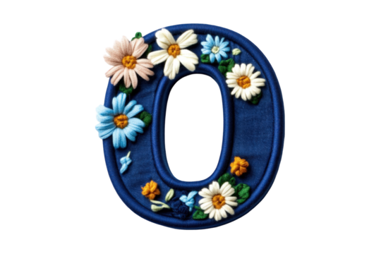 Embroidered letter O with colorful flowers on blue background, perfect for decorative purposes