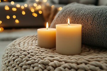 A cozy indoor christmas and new year’s eve celebration with candles and fairy lights.