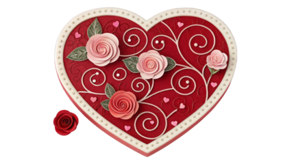 decorative heart shaped design with intricate floral patterns, featuring red and pink roses, swirling vines, and small heart accents, evoking romantic and elegant Valentine’s Day theme