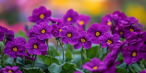 Fototapeta premium A vibrant mass of purple polyanthus flowers creates a stunning visual display. These purple polyanthus flowers exhibit a lively burst of color, adding beauty to any landscape or garden setting.