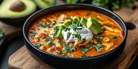 Savory chicken enchilada soup served with creamy cilantro sour cream and fresh avocado in a black bowl, artistically arranged on a wooden cutting board, perfect for any meal.