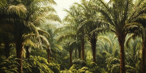 Naklejka premium Lush oil palm trees showcase the abundant greenery, illustrating the rich vitality of oil palm tree landscapes, where oil palm trees thrive and contribute to the ecosystem.