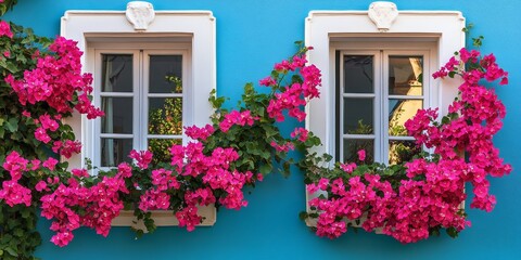 Blooming bougainvillea flowers in summer create vibrant exterior decoration, enhancing the charm of a traditional home with a lovely window display featuring blooming bougainvillea.