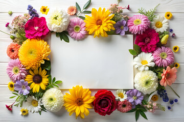 Fototapeta premium A vibrant floral frame featuring various colorful flowers surrounding a blank space, perfect for customization and creative projects.