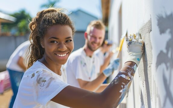 Happy volunteer black people unite painting a house together. Community collaboration support, collective teamwork, synergy, unity, cooperative partnership, group, mutual effort, diversity concept