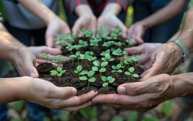 Many aged hands in circle holding baby plants together. Community collaboration, collective teamwork. Regenerative, sustainable nature restoration, permaculture. Eco friendly, soil centric concept