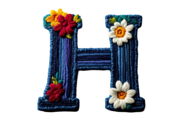 Embroidered letter H with colorful flowers, showcasing vibrant design and texture. Perfect for creative projects and personalized decor