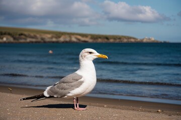 Seagull Reflecting in Peaceful Coastal Environment