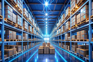 Fototapeta premium A modern warehouse filled with neatly stacked boxes on shelves, illuminated by bright lights, creating an organized and efficient storage environment.