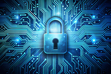 Digital lock on a circuit board background, symbolizing cybersecurity and data protection in a technological landscape.