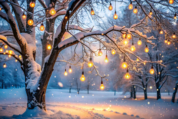 A snowy landscape featuring a tree adorned with glowing lights, creating a magical winter atmosphere.
