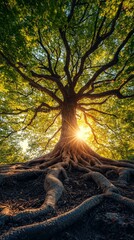 Sunlight streams through the vibrant canopy, illuminating the grand tree's exposed roots. The scene captures the beauty of nature, reflecting a peaceful forest atmosphere at golden hour