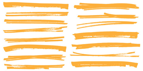 Obraz premium Vector yellow highlighter set. Hand drawn brush pen yellow highlights. Brush stroke marker underline emphasize elements. Acrylic paint line. Yellow marker stroke collection. 
