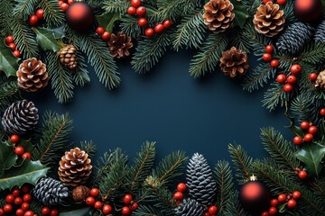 Fototapeta premium Festive Holiday Frame: Pine Cones, Red Berries, and Evergreen Branches on Dark Background
