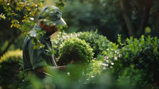 gardener in uniform working in summer garden or park