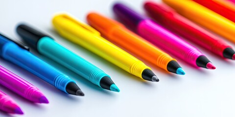 Fototapeta premium Multicolored felt pens showcased in a close up, featuring a variety of color pens isolated on a clean white background. These vibrant colored markers add a playful touch to any project.