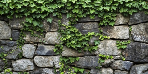 A weathered stone wall adorned with lush green ivy creates a captivating scene, showcasing the beauty of nature intertwined with the old stone wall s texture and character.