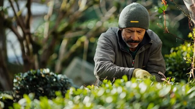 man gardener in uniform working in summer garden or park