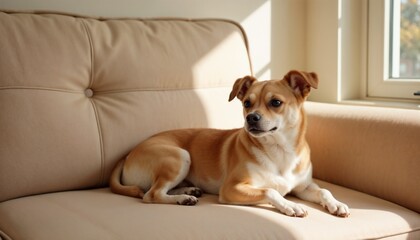 Chihuahua dog relaxing on a cozy couch in natural light, chihuahua on coach
