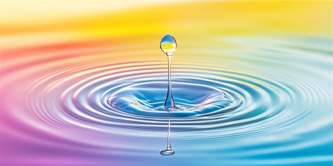 A vivid water ripple with a suspended droplet in the center, surrounded by a gradient of rainbow colors. Captures serenity and fluidity with ample copy space.