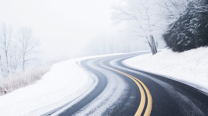 Fototapeta premium Curved asphalt road with double yellow lines on a white snowy day