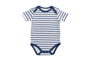 A short-sleeved navy and white striped baby onesie with neatly stitched navy trims and practical snap buttons