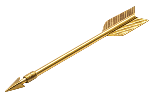 A stylized golden arrow with intricate feather-like fletching and a sharp triangular tip, designed with artistry and balance