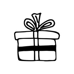 Gift box isolated on white background in doodle style, hand drawn icon