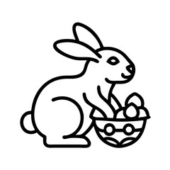 bunny with easter basket icon, easter day line art, easter day icon - simple black line art icon of bunny with easter basket, for easter day celebrations. easter day vector art.