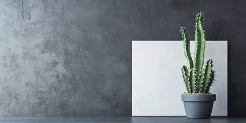 Close up view of a cactus in a pot displayed against an office wall, featuring a whiteboard and a grey backdrop, perfect for an office decoration concept focused on showcasing cactus plants.