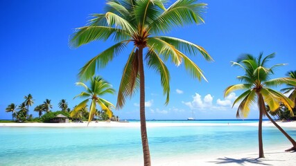 Tropical beach with white sand and crystal clear water, under a bright blue sky, blue, crystal clear water