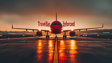 travel restrictions borders concept. Airplane on runway with dramatic lighting and travel message in the background.