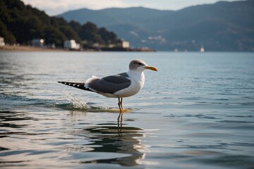 Graceful Seagull Gliding Over Sparkling Water in Tranquil Coastal Environment
